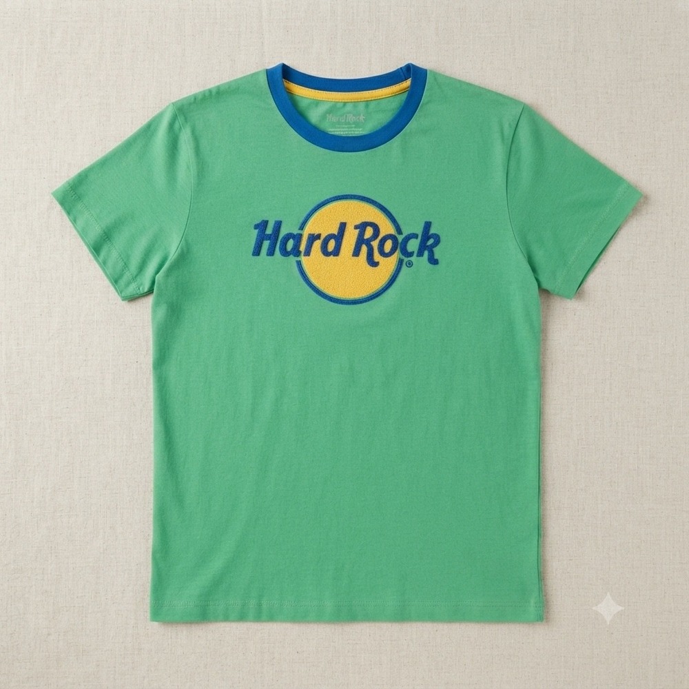 Hard Rock Cafe Kids Green Embroidered‎ Logo Ringer T-Shirt Size Large Cotton